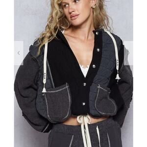 POL In Quilted Patchwork Hoodie Jacket Mixed Media Charcoal Black L Shacket